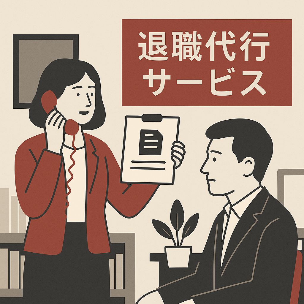 Illustration of a Japanese resignation agency representative on the phone, holding a resignation document, created in Understanding Japan’s red and grey branding style.